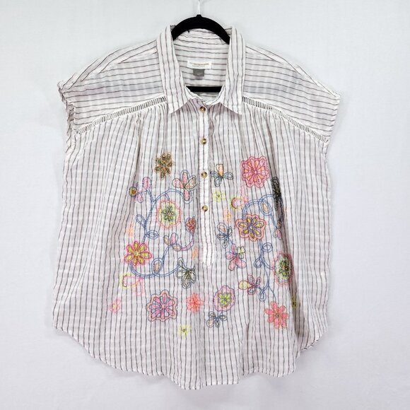 Pilcro Anthropologie Top Womens XL Linen Blend Serena Surf Henley Embroidered - Picture 2 of 12